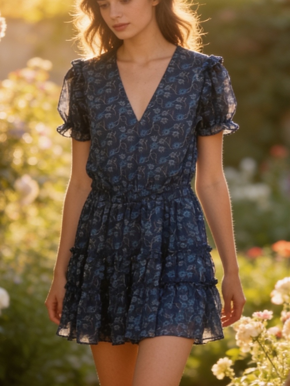 Trixxie French Minnie navy blue&light blue floral dress,double puff sleeve EUC 💙